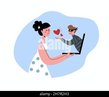 Escroquerie de rencontres sur Internet.La fille est irritée par la tromperie.L'homme est un voleur, un tricheur.Un homme tente de tromper une femme sur Internet.vec plat Illustration de Vecteur