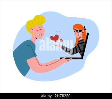 Escroquerie de rencontres sur Internet.Un homme amoureux.La femme est un voleur, un tricheur.Une femme triche sur un homme.Illustration vectorielle plate. Illustration de Vecteur