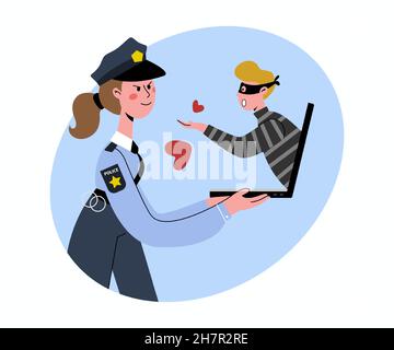 Rencontres Internet.Un policier travaille sous couvert.Révèle la tromperie.Un voleur de sexe masculin attrape les mains rouges.L'homme essaie de scam une femme sur l'Internet.F Illustration de Vecteur