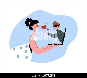 Escroquerie de rencontres sur Internet.La femme voit la tromperie, elle est choquée.L'homme est un voleur, un tricheur.Un homme tente de tromper une femme sur Internet. Illustration de Vecteur