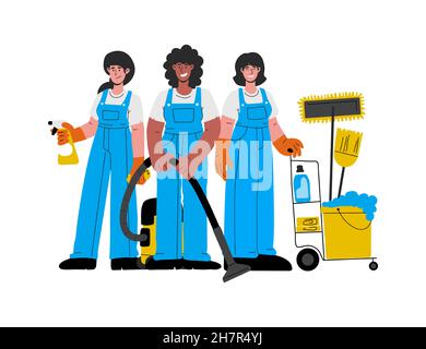 Équipe de nettoyage, trois femmes.caucasien, charwes afro-américaines en uniforme avec un aspirateur, chariot de poussée avec des fournitures de nettoyage, W Illustration de Vecteur