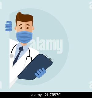 Médecin dans le masque médical qui fait un tour de coin et tient un comprimé pour prendre des notes, interrogeant un patient Illustration de Vecteur