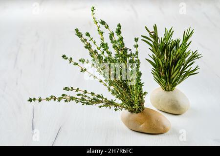 Thym et romarin dans un petit vase en pierre sur une table de cuisine Banque D'Images