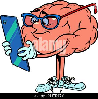 Le gars intelligent regarde son smartphone. Personnage du cerveau humain, intelligent sage Illustration de Vecteur