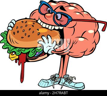 mangez délicieux hamburger fast food personnage du cerveau humain, intelligent sage Illustration de Vecteur