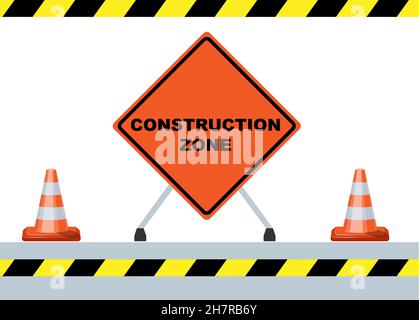 Sous la zone de construction, cônes de route, illustration du vecteur de ruban d'avertissement Illustration de Vecteur