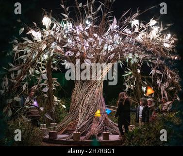 Wakehurst, Ardingly, Sussex.24 novembre 2021.Glow Wild, l'un des principaux événements d'hiver du Sussex de sa 8e année, présente de nouvelles installations lumineuses majeures d'artistes primés, plus de 300 lanternes artisanales et le plus grand arbre de Noël vivant du Royaume-Uni à 37 M.Wakehurst est le jardin botanique sauvage de Kew, près de Haywards Heath, dans le Sussex.Crédit : Malcolm Park/Alay Live News. Banque D'Images