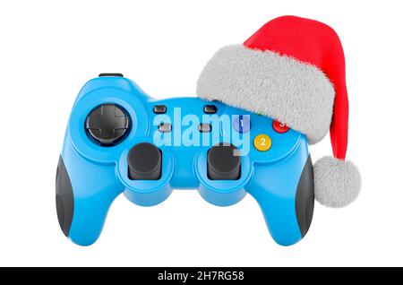 Manette de jeu avec chapeau de Noël.Rendu 3D isolé sur fond blanc Banque D'Images