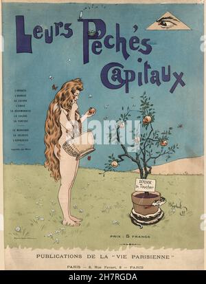 Lérs Peches Capitaux.Eve prenant une pomme de l'arbre, regarder par l'oeil de Dieu.Henry Gerbault, illustration humoristique victorienne française du XIXe siècle Banque D'Images