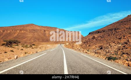 Route asphaltée droite, petites montagnes de l'Atlas et buissons bas des deux côtés, ciel clair au-dessus - paysage typique dans le sud du Maroc Banque D'Images