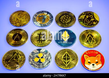 Diverses crypto-monnaies, pièces de symbole, espace réservé optique pour monnaie numérique, blockchain, Bitcoin, Ripple, Ethereum,Shiba Inu, EOS, Litecoin, LUN Banque D'Images