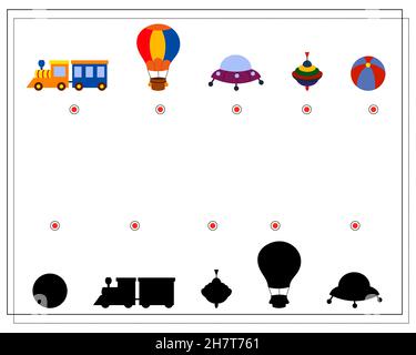 Jeu logique pour enfants, trouver l'ombre droite. Jouets pour enfants, une balle, un ballon, un train. Vecteur Illustration de Vecteur
