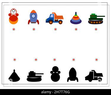 Jeu de logique pour enfants, trouver l'ombre droite. Jouets pour enfants, réservoir, pyramide, fusée, voiture. Vecteur Illustration de Vecteur