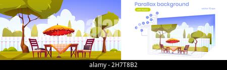 Jardin avec meubles pour pique-nique sur la pelouse.Fond de parallaxe vectoriel pour l'animation 2d avec paysage d'été de dessin animé de patio ou de jardin avec clôture, table, chaises, parapluie, arbres verts et herbe Illustration de Vecteur