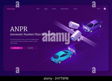 Page d'accueil isométrique de la technologie ANPR.Reconnaissance automatique des plaques d'immatriculation, enregistrement de la voiture et détection de la vitesse.Radar de suivi de position et violation de la règle de circulation routière caméras bannière Web 3d Vector Illustration de Vecteur