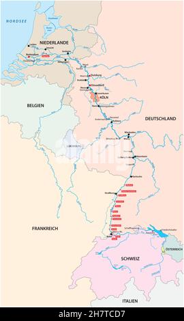 Carte du système fluvial Rhin avec les villes et affluents les plus importants en langue allemande Illustration de Vecteur