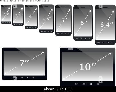 Appareils mobiles avec leurs tailles d'écran scénario ensemble isolé sur fond blanc.Smartphones et tablettes inclus. Illustration de Vecteur