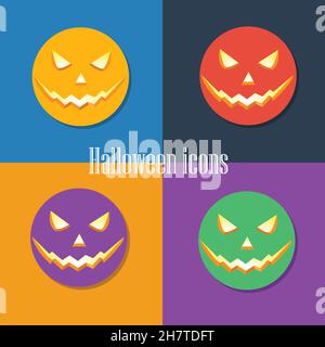 Icônes d'Halloween, illustration vectorielle de style conception plate.Le mal de citrouille visages Illustration de Vecteur