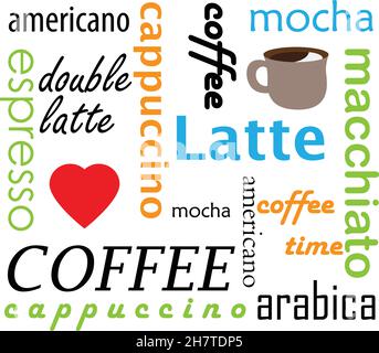 Types de boissons chaudes de café illustration de fond conceptuelle, décoration vectorielle pour tasses de café et autres buts publicitaires Illustration de Vecteur