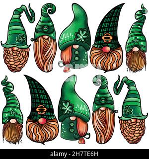 Illustration sans couture d'un gnome avec une barbe dans un chapeau.Symbole de la fête de St patrick sur fond blanc isolé.Illustration de haute qualité Banque D'Images