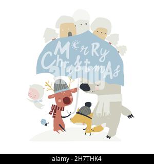Caricature des animaux heureux hiver sous le grand parapluie Illustration de Vecteur