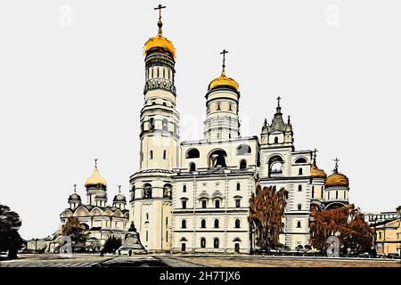 Façade de l'ancienne église orthodoxe russe avec cloches sur les croix sur le dessus des dômes situés sur la place de la cathédrale du Kremlin de Moscou Banque D'Images