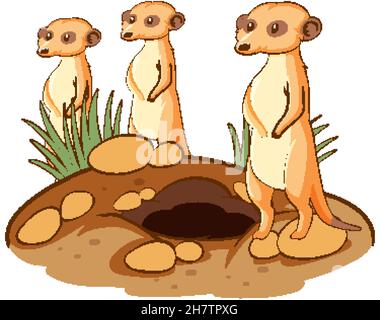 Dessin animé animal de trois meerkats sur fond blanc Illustration de Vecteur