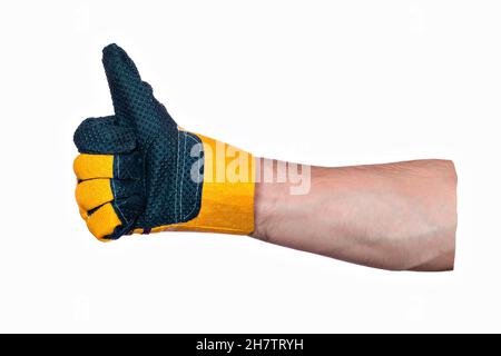 Approbation du mouvement.Bravo.La main de l'homme dans le gant de construction montre que tout est bien.Gros plan.Isolé sur fond blanc.Vierge pour le collage publicitaire.Thème de la construction. Banque D'Images