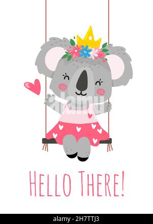 Une princesse koala avec une couronne et des fleurs sur sa tête dans une jolie robe s'assoit sur une balançoire et dit bonjour.Illustration pour une carte, invitation, affiches, t-shirt Illustration de Vecteur