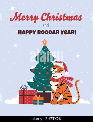 Le tigre dans un chapeau et une écharpe du Père Noël se trouve près de l'arbre de Noël avec des cadeaux.Illustration vectorielle plate pour carte postale, poster et imprimé.Joyeux noël an Illustration de Vecteur