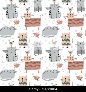 Joli vecteur chats et oiseaux sans couture modèle de bébé isolé sur fond blanc scandinave.Pour enfants tissu, tissu, toile de fond, papier peint Illustration de Vecteur