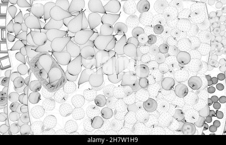 Image filaire d'un tas de pommes et de poires, et d'un panier de lignes noires isolées sur un fond blanc.Vue de dessus.3D.Illustration vectorielle Illustration de Vecteur