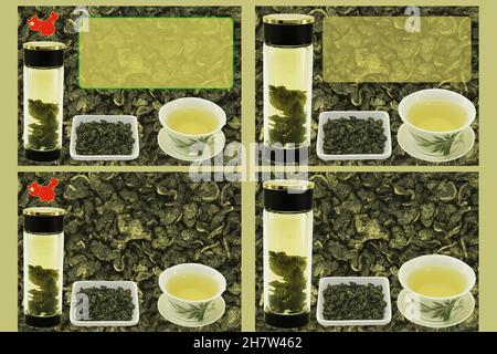 Thé au lait vert chinois oolong.Vierge pour l'étiquette ou le dessin sur fond de thé avant la préparation.Contenu pour le concepteur.Ensemble de 4 images. Banque D'Images