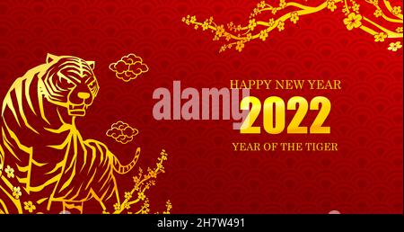 Bonne année 2022 l'année du tigre, zodiaque chinois avec 2022 numéros pour carte de vœux bonne année, sur l'illustration vectorielle rouge Banque D'Images