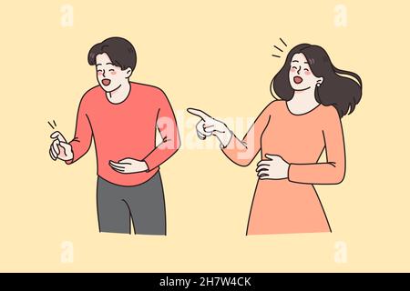 Rire et positivité, humour concept.Couple souriant debout et riant avec la bouche ouverte pointant vers quelque chose tenant bellies illustration vectorielle Illustration de Vecteur