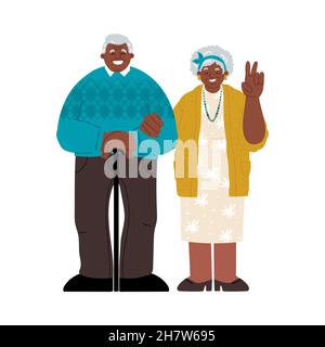 Couple senior africain américain.grand-mère et grand-père debout ensemble sur un fond blanc.Grand-mère agitant avec la main.Vector plat illus Illustration de Vecteur