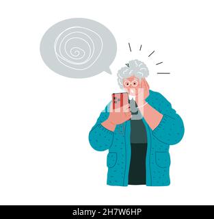 La vieille femme a un problème avec le téléphone mobile,technologie.grand-mère utiliser des gadgets.illustration vectorielle,concept.Grand-mère ont des problèmes avec ses téléphones cellulaires. Illustration de Vecteur