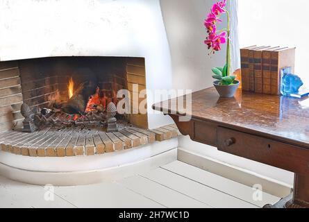 Cheminée dans la salle de séjour.Bois de cheminée.Table ancienne avec de vieux livres et des fleurs d'orchidées sur la droite.Image de stock. Banque D'Images
