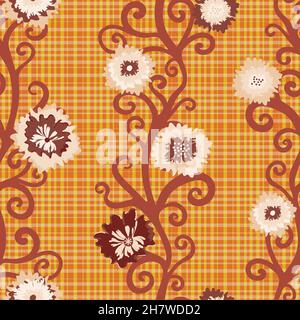 Couverture abstraite fleur vecteur fond sans couture de motif botanique.Fleurs blanches rouges orange sur toile de fond Vichy.Fleurs sauvages de prairie Illustration de Vecteur