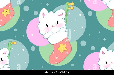 Décoration sans couture avec chatons mignons de style kawaii.Motif vectoriel.Joyeux Noël chats. Illustration de Vecteur
