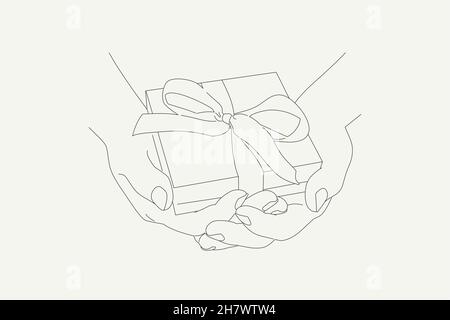 Mains tenant le cadeau dans la boîte. Boîte cadeau avec un noeud dans les mains. Deux mains donnent un cadeau. Illustration vectorielle de style de ligne. Illustration de Vecteur