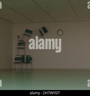 Chambre vide ou bureau avec chaises.Salle d'attente.Arrière-plan surréaliste avec espace de copie.illustration 3d, rendu 3d. Banque D'Images