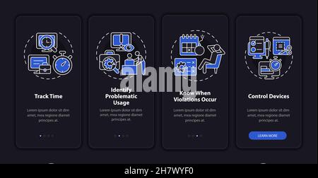 Avantages de la surveillance des employés écran de la page d'application mobile Dark Onboarding Illustration de Vecteur