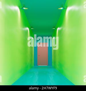 Couloir vert vide avec porte et lampes roses.Fond Vaporwave avec espace de copie.rendu 3d, illustration 3d. Banque D'Images