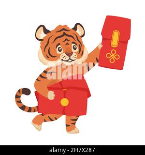 adorable tigre portant des enveloppes traditionnelles rouges Illustration de Vecteur