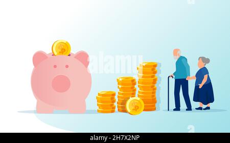 Vecteur d'un couple âgé homme et femme debout à côté d'une pile de pièces de dollar piggy banque. Illustration de Vecteur