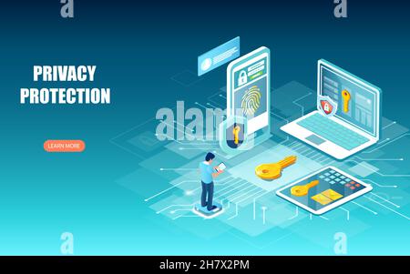 Concept de protection et de confidentialité des données en ligne.Vecteur d'un homme utilisant des appareils mobiles naviguant sur Internet en toute sécurité Illustration de Vecteur