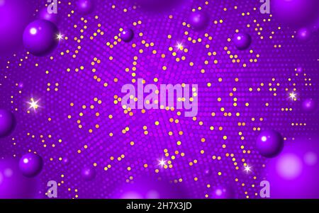 Arrière-plan violet abstrait.Boules flous en relief violet avec points dorés scintillants.Party Time brillant or scintille les lumières modèle d'affiche, site Web toile de fond de page, bannière de circulaire, carte de voeux Illustration de Vecteur