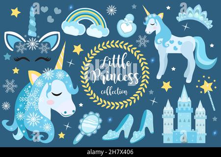 Ensemble d'objets princesse de noël mignon UNICORN.Collection hiver élément design avec flocons de neige, château de glace, miroir, couronne, accessoires.Pince pour bébé pour enfants Illustration de Vecteur