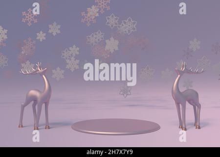 Flocons de neige festifs sur fond violet pastel.Composition hivernale avec podium rond vide et des déers magiques pour le nouveau design de l'année.3D il Banque D'Images